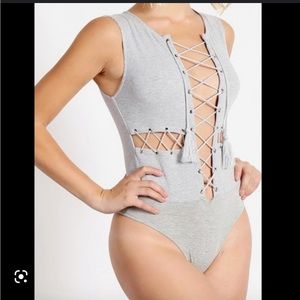 REHAB WHITE TIE UP CUT OUT BODYSUIT